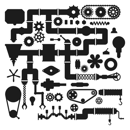 Machine parts mechanism vector silhouette mechanical manufacturing work detail design gear equipment industry technical machining engine illustration.のイラスト素材