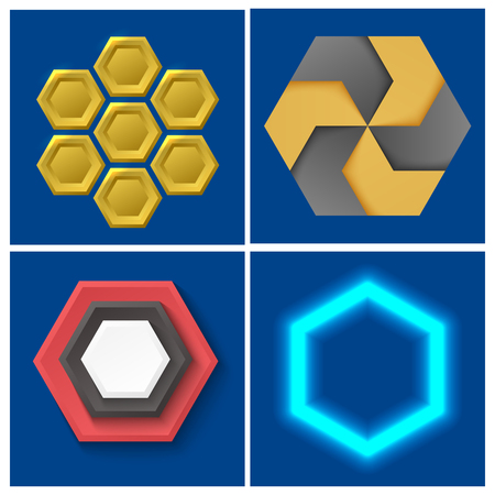 Hexagon logos and design elements different honeycombs abstract icons geometric modern business and technologies.のイラスト素材