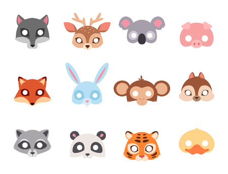 Animals carnival mask vector festival decoration masquerade and party costume cute cartoon head decor celebration vector illustration. Traditional fantasy drawing wild character carnival animal mask.のイラスト素材