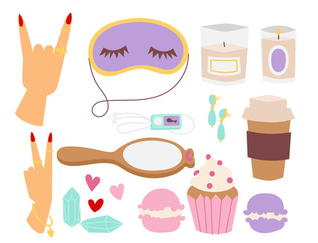 Girl fashion accessories outfit of casual woman style shopping items and beautiful cosmetic or makeup tools vector illustration.のイラスト素材