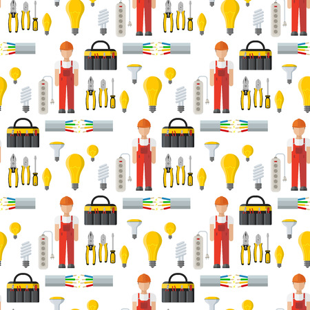 Energy electricity power battery vector collection industrial electrician voltage socket technology warning lightning equipment. Industrial power station seamless pattern background.のイラスト素材