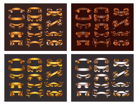 Ribbons realistic gold vector tape flag banner with stitch band detailing for your design project. Shiny bow decorative elegance graphic template. Xmas classic glossy golden ribbon scroll.のイラスト素材