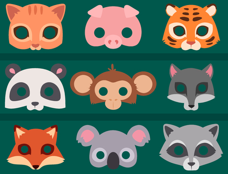 Animals carnival mask vector banner festival decoration masquerade and party costume cute cartoon head decor celebration illustration.のイラスト素材