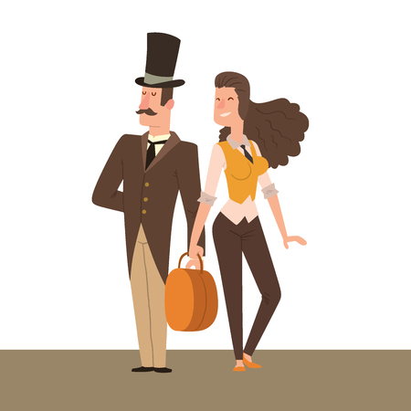 Vintage victorian cartoon gents retro people vector. Style fashion old people victorian gentleman clothing antique century character victorian gent people vintage wild west man and woman styleのイラスト素材