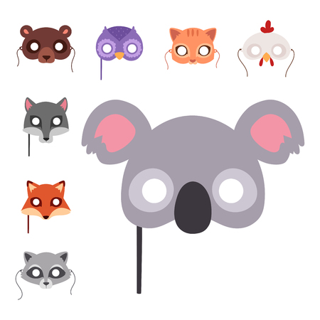 Animals carnival mask, vector festival decoration. Masquerade and party costume, cute cartoon head decor celebration illustration.のイラスト素材