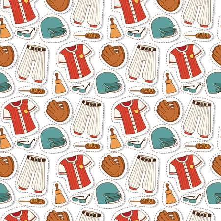 Baseball sport competition game team symbol. Softball play cartoon design, sporting equipment seamless pattern background vector illustration. American professional league tools.のイラスト素材