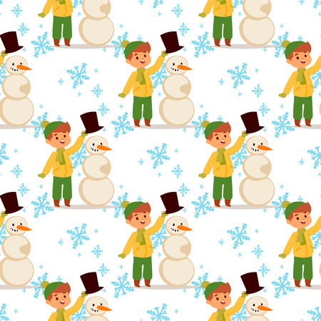 Christmas kid boy vector character playing winter games winter children holidays christmas snowman cartoon new year xmas kid seamless pattern backgroundのイラスト素材