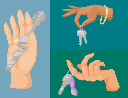 Hand holding key vector apartment selling human gesture sign security house concept arm symbol illustrationのイラスト素材