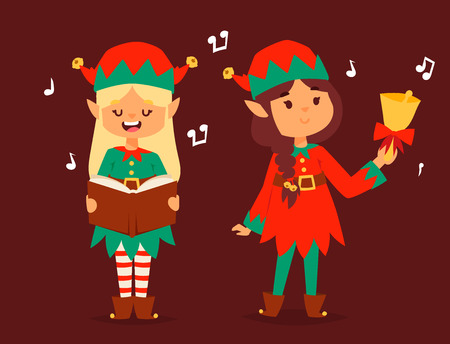 Santa Claus elf kids cartoon elf helpers vector christmas illustration children elves characters traditional costumeのイラスト素材