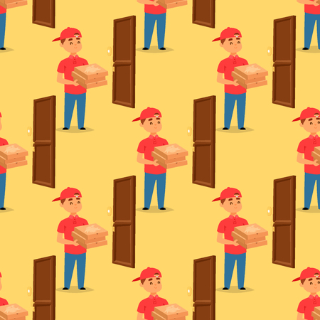 Delivery man boy vector service workers and clients couriers delivering man characters shop mailmen bringing packages holding boxes documents illustration. Postman worker male conveyanceのイラスト素材