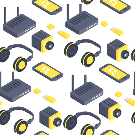 Technology isometric gadgets vector computer seamless pattern web equipment. Isometrical tools graphic communication digital elements. Network electronic decorative illustration backgroundのイラスト素材