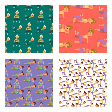 Woman home workout vector exercising at home fitness character training coaching healthy living and diet concept seamless pattern background illustration.のイラスト素材