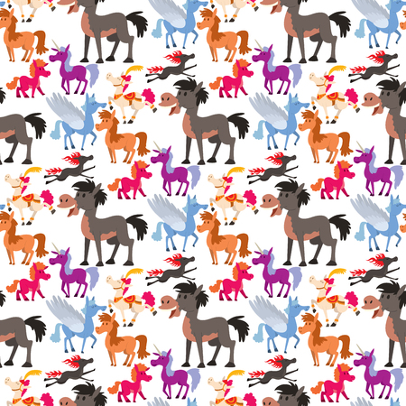 Horse pony stallion vector breeds color farm equestrian mammal domestic animal mane zoo character illustration seamless pattern background.のイラスト素材