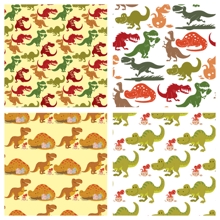 Dinosaurs vector dino animal tyrannosaurus t-rex danger creature force wild jurassic predator prehistoric extinct seamless pattern background illustration.のイラスト素材
