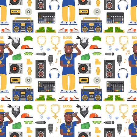 Hip hop man accessory musician vector accessories microphone breakdance expressive rap modern young fashion person seamless pattern background people illustration.のイラスト素材
