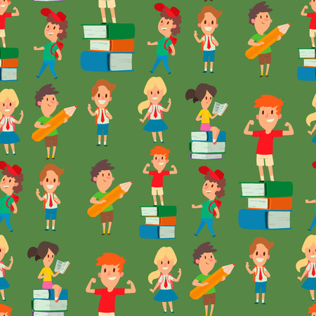Children studying school kids going study together childhood happy primary education character vector seamless pattern background.のイラスト素材