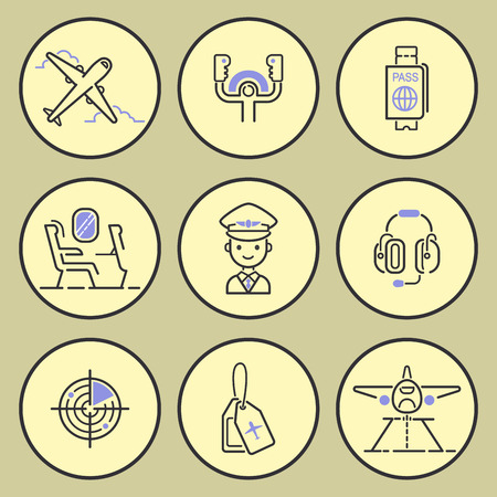 Aviation icons vector set airline outline graphic illustration flight airport transportation passenger design departure.の写真素材