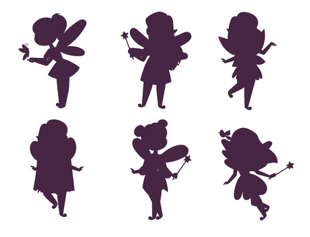 Fairies princess silhouette fairy girl vector character cute beautiful style cartoon little fairyland fashion costume magic fantasy dress fairytale crown kid.のイラスト素材