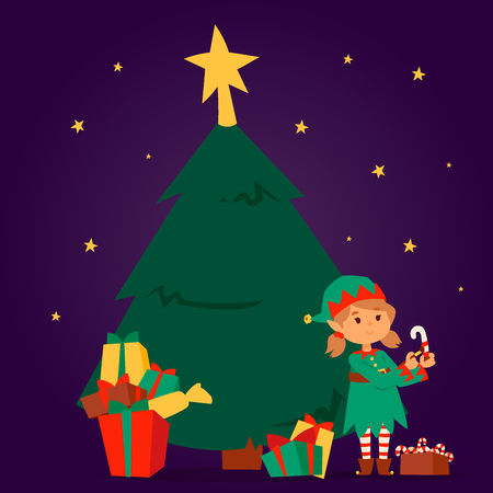 Santa Claus elf kids cartoon elf helpers vector christmas illustration children elves characters traditional costume. Family christmas kid holiday santa claus elf people.のイラスト素材