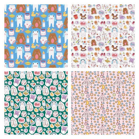 Baby toys icons cartoon family kid toyshop design cute boy and girl childhood art diaper drawing graphic love rattle fun seamless pattern background vector illustration.のイラスト素材