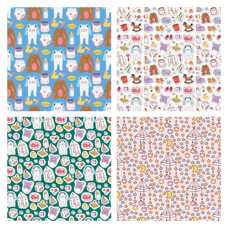 Baby toys icons cartoon family kid toyshop design cute boy and girl childhood art diaper drawing graphic love rattle fun seamless pattern background vector illustration.