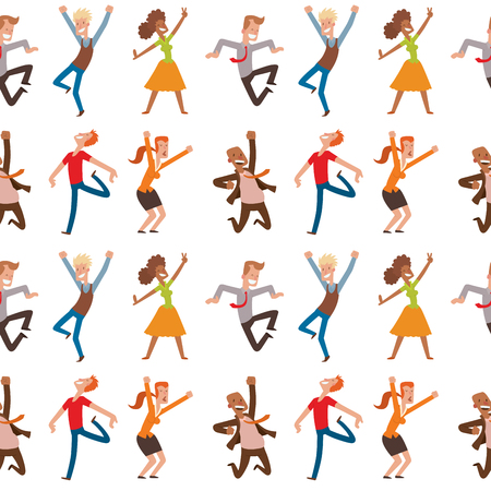 People jumping in celebration party vector illustration happy man jump celebration joy character. Cheerful woman active happiness expression many joyful friends seamless pattern background.のイラスト素材