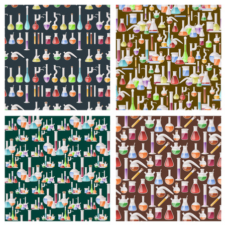 Chemical flask laboratory vector lab glassware tube liquid biotechnology analysis tubes medical scientific equipment. Chemistry experiment seamless pattern background science glass lab flask.のイラスト素材