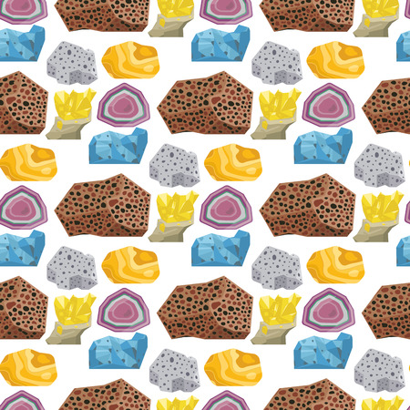 Semi precious gemstones vector stones and mineral stone seamless pattern background dice colorful shiny crystalline mineral jewelry illustration.のイラスト素材