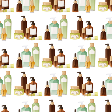 Bottles of cosmetic cosmetology makeup beauty supplies seamless pattern background cream container plastic detergent liquid domestic fluid bottle lotion pack cosmetic bottles vector illustration.のイラスト素材