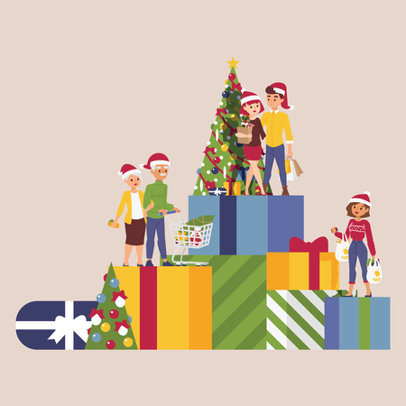 Christmas winter sale vector happy smile family man with woman together gift boxes shopping bags 2019 Xmas shopping big offer banner to buy gifts advertising poster illustration market sale shopping.のイラスト素材