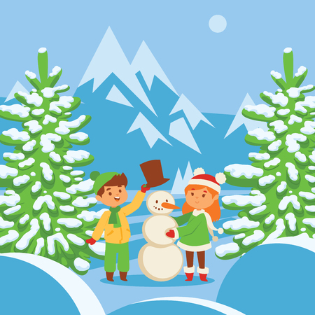 Christmas kids playing winter games skating, skiing, sledding, girl dresses up Christmas tree, boy and girl makes a snow man, children playing snowballs. Cartoon New Year winter holidays background.のイラスト素材