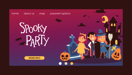 Halloween kidscostume trick or treat party costumes vector characters. Little child people Halloween bat, candy, ghost, zombie kids costume. Childhood fun cartoon boys and girls carnival party website banner.のイラスト素材