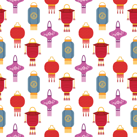 Chinese lantern light paper holiday celebrate graphic lamp celebration traditional festival symbols. Luck traditionfestival ornament paper seamless pattern background.の写真素材