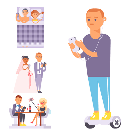 People and gadgets concept. Busy person smart phone social communication lifestyle. Online social network modern life problem connection using tablet or laptop computer.のイラスト素材