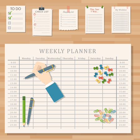 Agenda list vector business paper clipboard in flat style self-adhesive checklist notes schedule calendar planner organizer article illustration. Make wishlist and shopping list plan to do just.のイラスト素材