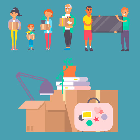 Happy young couple vector flat people moving in new house movement apartment together. Happy young couple moving service. Woman carrying boxes together with family person unpacking box character set.のイラスト素材