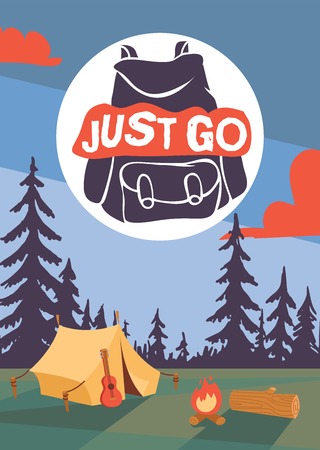 Camping time poster vector ilustration. Night landscape with tent, campfire guitar and forest.の写真素材