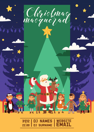Christmas 2019 Happy New Year greeting card Santa and happy kids children costume vector background banner holidays winter xmas hand draw congratulation New Year poster or web banner illustration.のイラスト素材