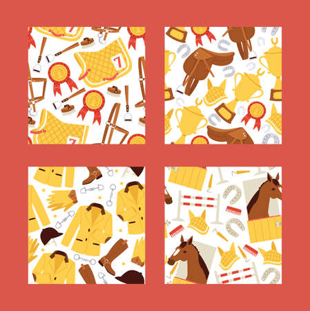 Cartoon jokey seamles pattern vector illustration. Horse in stable, saddle, stirrup, horseshoe, barriers, comb background.のイラスト素材