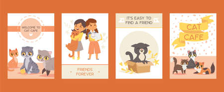 Children with pets adopt friendship cards vector illustration. Friendly domestic little animals and their best friends banner. Cute poster with kids adoption love child and cat posters.のイラスト素材