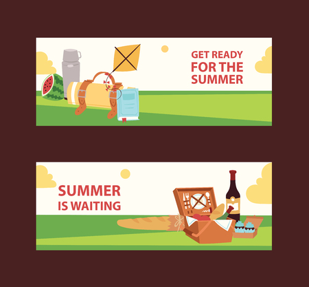 Summer picnic in park on the meadow watermalon, cakes, wine, napkins, plates vector illustration for banners. Get ready for the summer. Relaxation on nature. Having fun on air. Tasty picnic meal.のイラスト素材