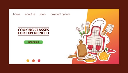 Cooking website template vector illustration with different options. Cooking classes for experienced. Kitchenware, apron, wooden cutting board, rolling-pin, kettle, teapot, frying pan.のイラスト素材