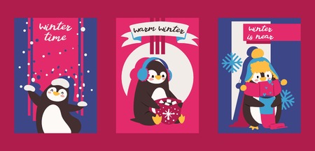 Christmas greeting card with pinguin. Enjoy winter time. Warm winter. Winter is near. Cartoon characters with hat, scarf and cup of hot chocolate with marshmallows congratulations, invitations.のイラスト素材