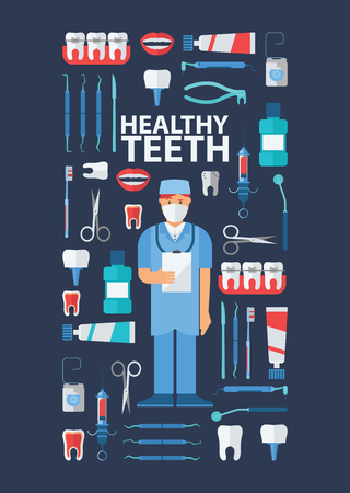 Dental, stomatological equipment banner, poster vector illustration. Dentist in uniform. Dentistry technology products, professional tools, medical supplies. Healthy teeth.のイラスト素材