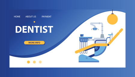 Dental, stomatological equipment banner, poster, brochure vector illustration. Dentistry technology products, professional tools, medical supplies. Dentall office with chair. Website design.のイラスト素材