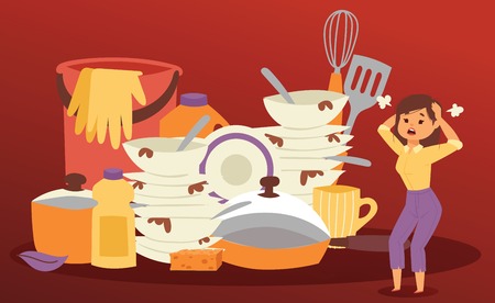 Frustrated and angry woman is screaming out loud and pulling her hair. Dirty dishes and housework. Multitasking woman. Angry Woman. Furious Girl. Negative Emotions. Bad Mood. Stressed female.のイラスト素材
