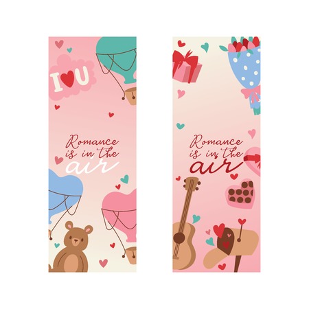 Valentine s day vector illustration. Romance is in the air banner, poster, flyer, brochure with hearts, bear toys, flowers gifts sweets guitar greeting cards. For lovely couple. In love.のイラスト素材
