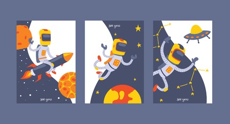 Astronaut vector cosmonaut spaceman character in space cosmos astronomy backdrop universe galaxy with rocket planets spaceship illustration background bannerのイラスト素材