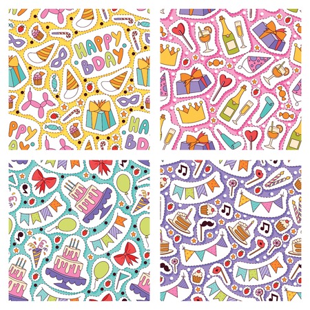 Birthday party seamless pattern vector anniversary cartoon kids happy birth cake or cupcake celebration with gifts and birthday candles flags sticker backdrop set illustration background.のイラスト素材