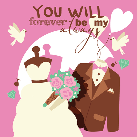 Wedding concept vector illustration. You will forever be my always poster, banner, brochure. Outfits for groom and bride, jacket with shirt and bow, white dress. Brunch of flowers. Couple of pigeons.のイラスト素材